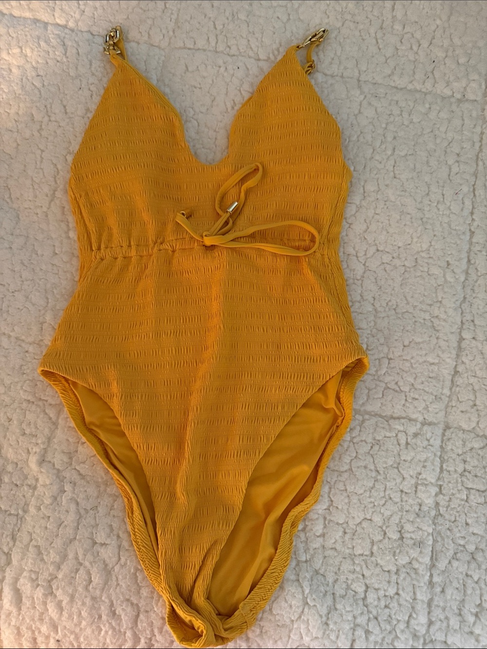 Trina Turk Mustard Yellow One-Piece Swimsuit with V-Neck and Adjustable Tie